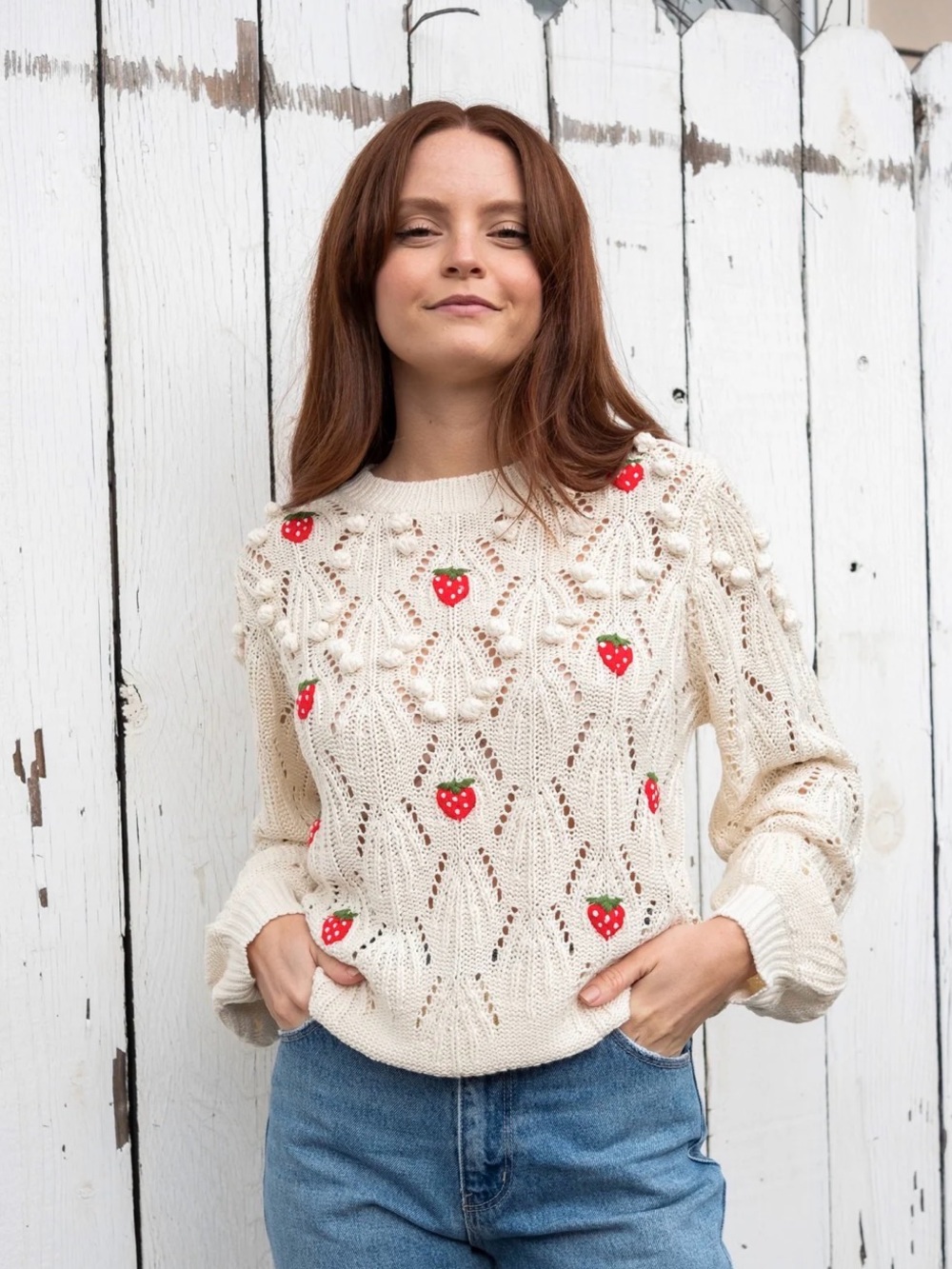 Greylin Sweet Berry Pom Pom Sweater strawberries size small S